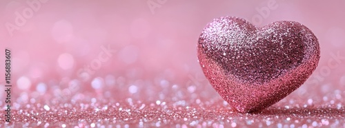 A shiny, glitter-covered pink heart nestled against a dreamy, glimmering background, symbolizing love, affection, and the sparkle of tender emotions. photo