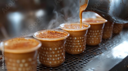 Steaming cups of chai tea being poured in a row.