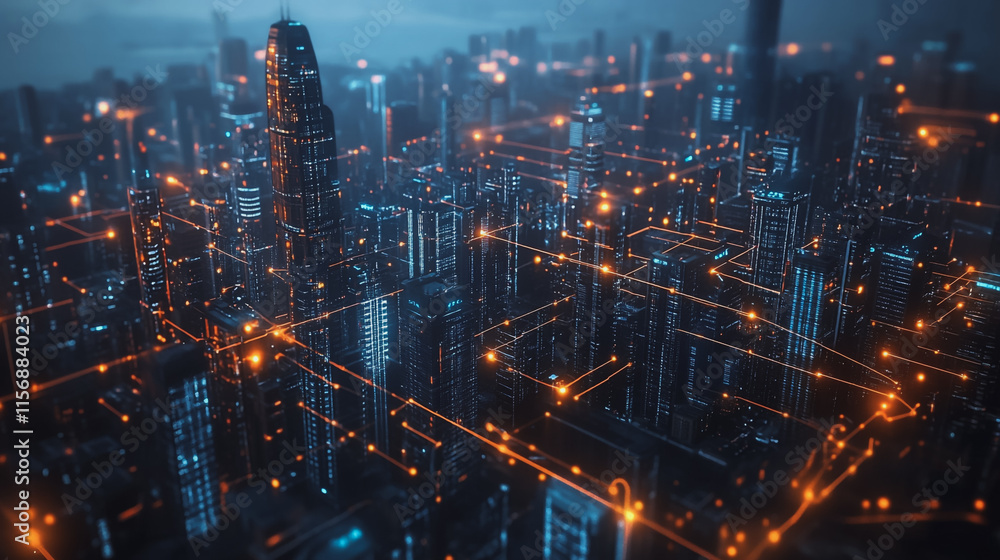 Smart digital Innovation city with connection network reciprocity over the cityscape. of future smart wireless digital city and social media networking systems that connects people with in city Smart digital Innovation city with connection network reciprocity over the cityscape. of future smart wireless digital city and social media networking systems that connects people with in city