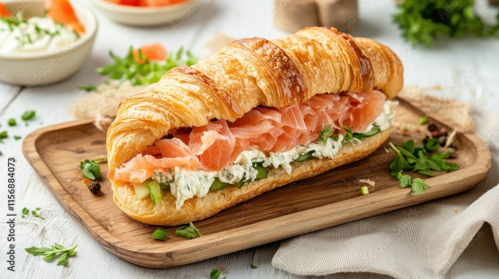 Fresh Croissant Sandwich with Smoked Salmon and Cream Cheese Filling Fresh Croissant Sandwich with Smoked Salmon and Cream Cheese Filling