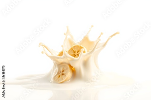 A splash of milk with banana slices creating a dynamic and fresh visual effect. photo