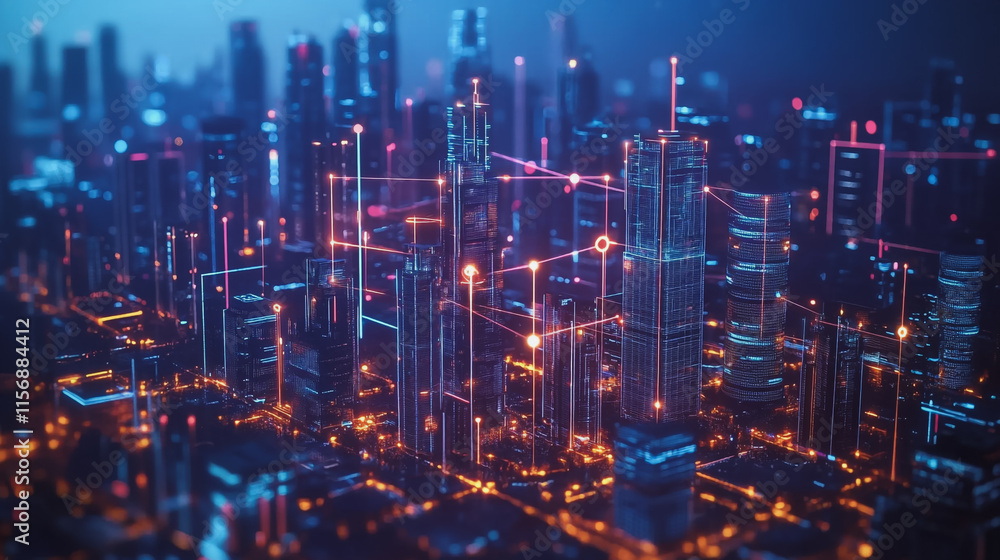 Smart digital Innovation city with connection network reciprocity over the cityscape. of future smart wireless digital city and social media networking systems that connects people with in city Smart digital Innovation city with connection network reciprocity over the cityscape. of future smart wireless digital city and social media networking systems that connects people with in city