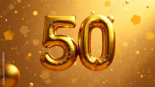 Inscription 50 made of gold balloons with bokeh.