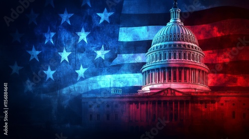The U.S. Capitol building is illuminated in red and blue hues against a backdrop of the American flag, representing patriotism, governance, and national pride.