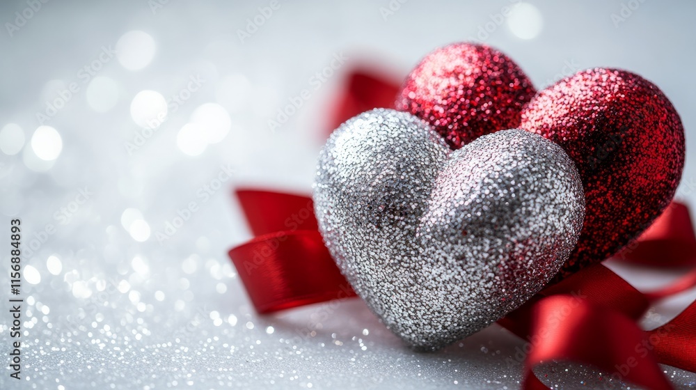 Obraz premium Glittery red and silver hearts resting with a red ribbon against a sparkling bokeh background, capturing joyous celebration and delightful festive elegance.