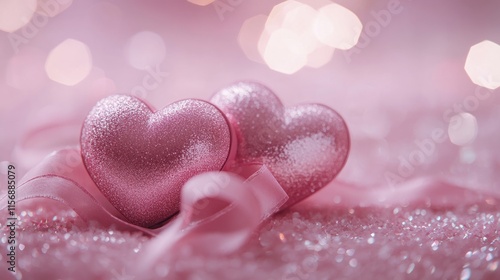 Two glittery pink hearts rest alongside a satin ribbon on a sparkling pink surface, suggesting themes of love, romance, and tender affection. photo