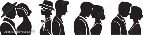 Black and white silhouettes of a couple standing, representing love and connection, with a profile view of a man and woman