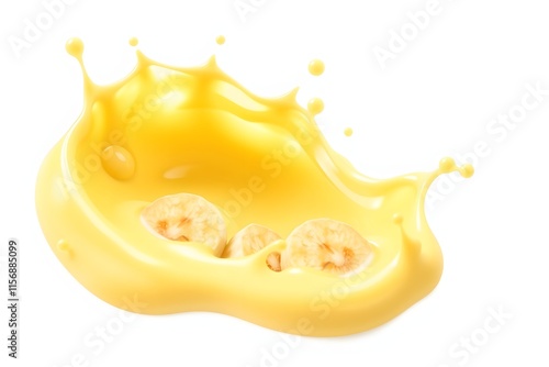 A splash of yellow liquid with banana slices, suggesting freshness and flavor.