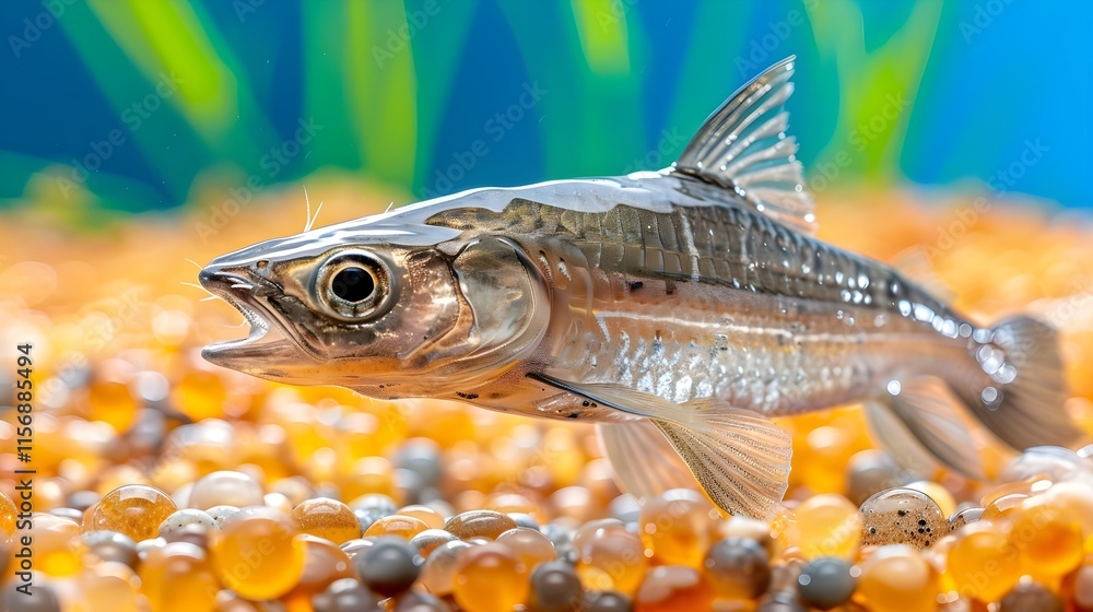 Naklejka premium Freshwater Fish Swimming Above Colorful Fish Eggs in Aquarium