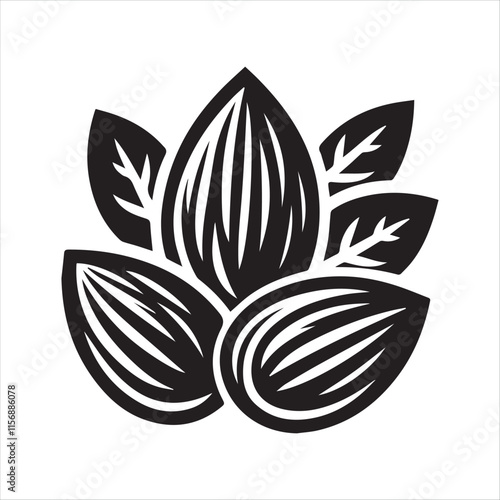 Elegant black and white vector graphic of stylized almonds and leaves.