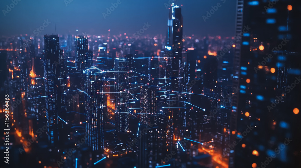 Smart digital Innovation city with connection network reciprocity over the cityscape. of future smart wireless digital city and social media networking systems that connects people with in city Smart digital Innovation city with connection network reciprocity over the cityscape. of future smart wireless digital city and social media networking systems that connects people with in city