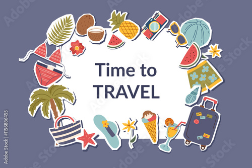 Travel banner with copy space in the middle and travel objects around. Concept of travel and vacation. Vector hand drawn frame template in flat style.