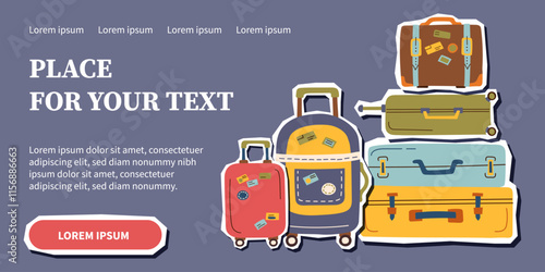 Travel banner with suitcases stickers. Concept of family travel, vacation, business trip. Vector hand drawn flat style background.