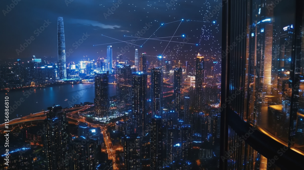 Smart digital Innovation city with connection network reciprocity over the cityscape. of future smart wireless digital city and social media networking systems that connects people with in city Smart digital Innovation city with connection network reciprocity over the cityscape. of future smart wireless digital city and social media networking systems that connects people with in city