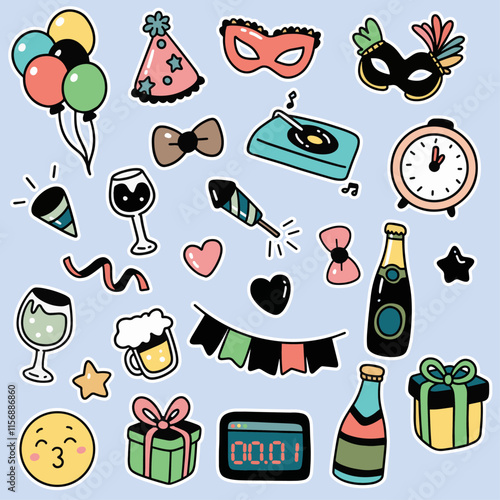 Happy New Year Party Doodle Clipart Set Vector Illustrations Greeting Cards Decoration