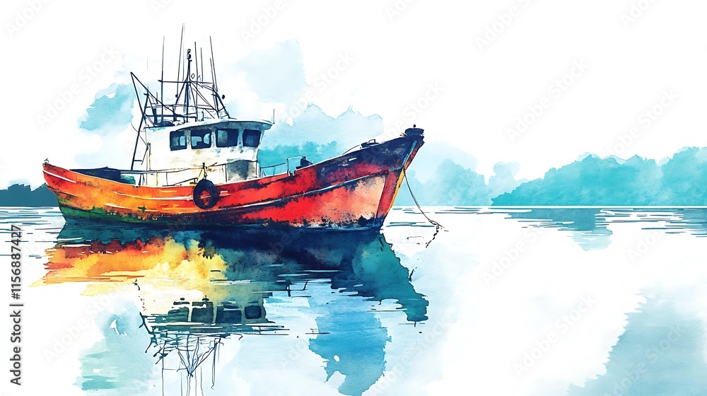 Obraz premium Vibrant Watercolor Illustration: Serene Fishing Boat at Dawn. AI Generated