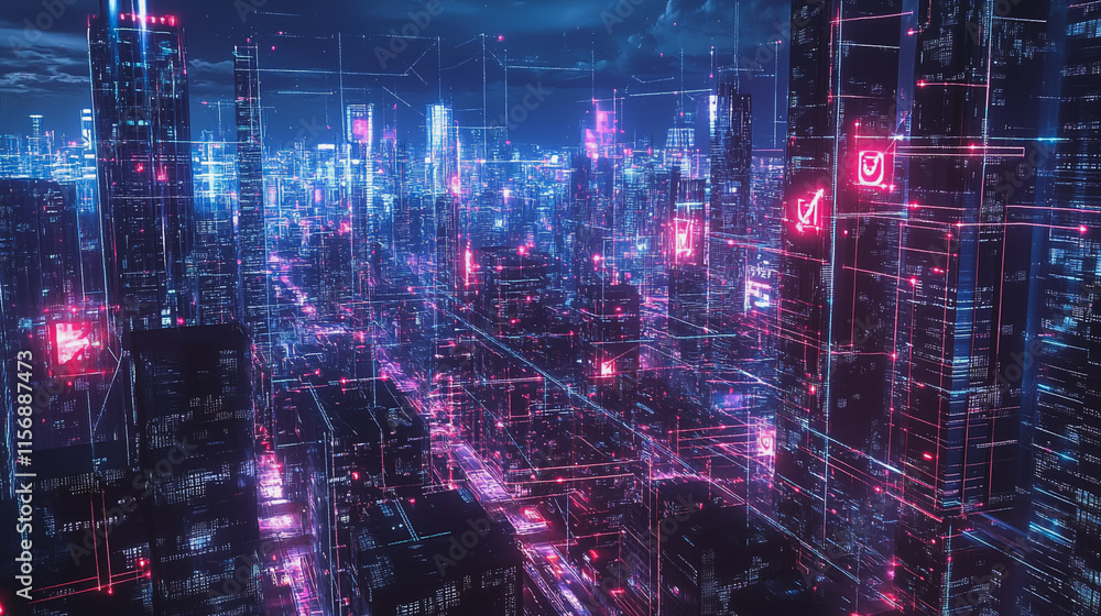 Smart digital Innovation city with connection network reciprocity over the cityscape. of future smart wireless digital city and social media networking systems that connects people with in city Smart digital Innovation city with connection network reciprocity over the cityscape. of future smart wireless digital city and social media networking systems that connects people with in city