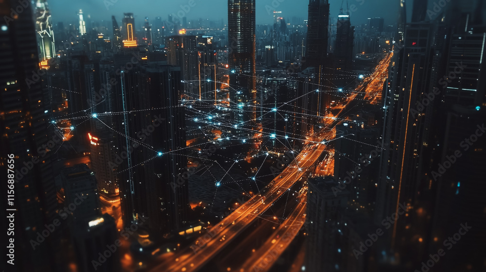 Fototapeta premium Smart digital Innovation city with connection network reciprocity over the cityscape. of future smart wireless digital city and social media networking systems that connects people with in city