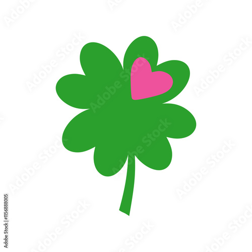 Día de San Patricio. Logo con silueta de trébol de cuatro hojas con un corazón rosa	