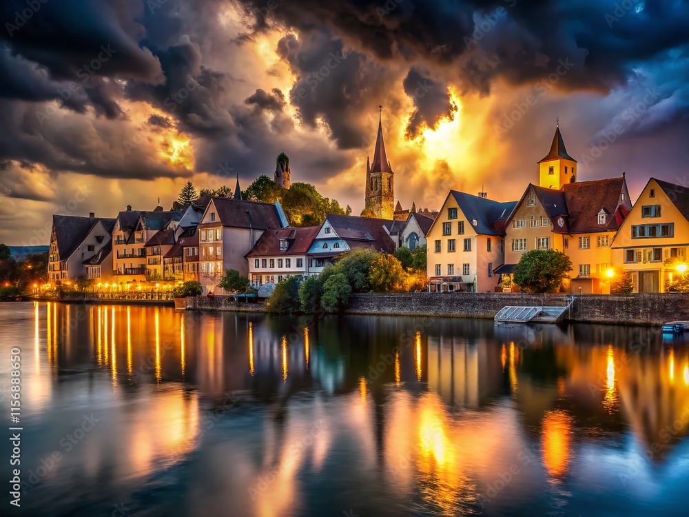 Fototapeta premium Dark Medieval Coastal Town at Night, Dramatic Sky, Glowing Windows