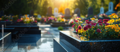 Cemetery with tombstones and colorful flowers in sunlight. Tranquil and serene atmosphere, symbolizing remembrance, grief, and peace.
