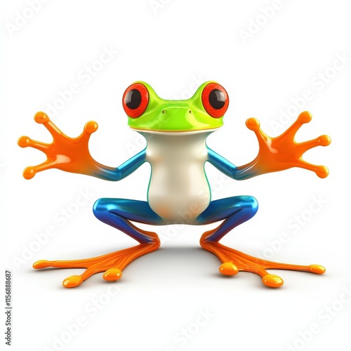 a cheerful frog cartoon, animal character, 3D illustration, shiny and dynamic, isolated on white background photo