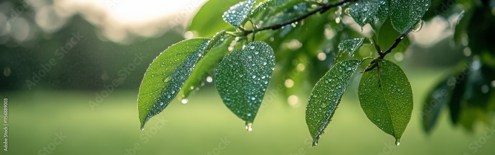 Fototapeta premium Close-Up of Green Leaves in the Rain with Water Droplets