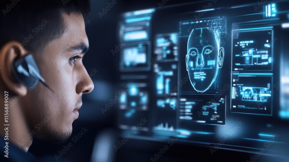 Focused Man in Headset Engaged with Computer Screen in Modern Office Focused Man in Headset Engaged with Computer Screen in Modern Office