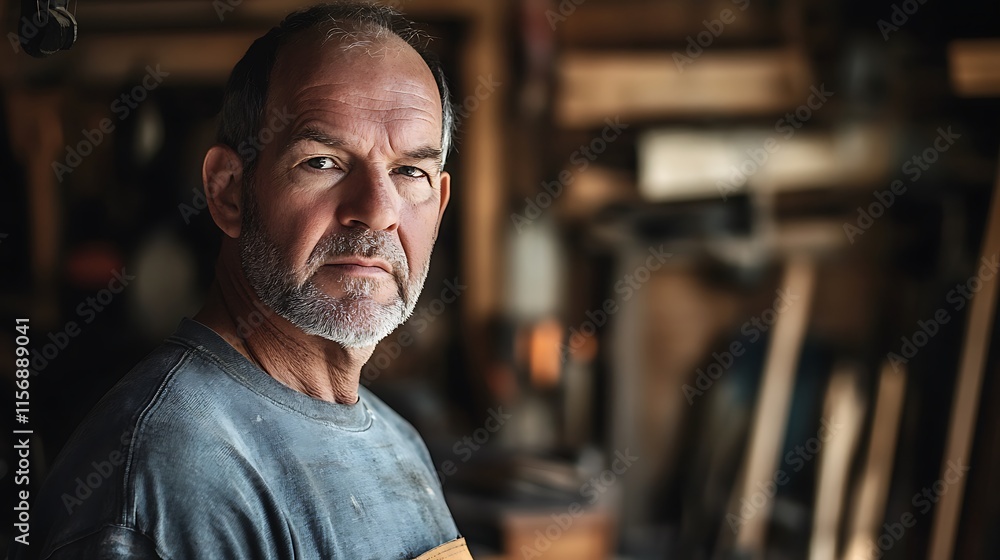 Close-up Photo: Intensely Focused Craftsman in Rustic Workshop. AI Generated Close-up Photo: Intensely Focused Craftsman in Rustic Workshop. AI Generated