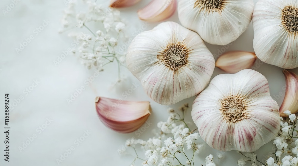 Garlic bulbs and cloves are intricately arranged with delicate white flowers on a clean white surface, combining culinary ingredients with elegance and simplicity. Garlic bulbs and cloves are intricately arranged with delicate white flowers on a clean white surface, combining culinary ingredients with elegance and simplicity.