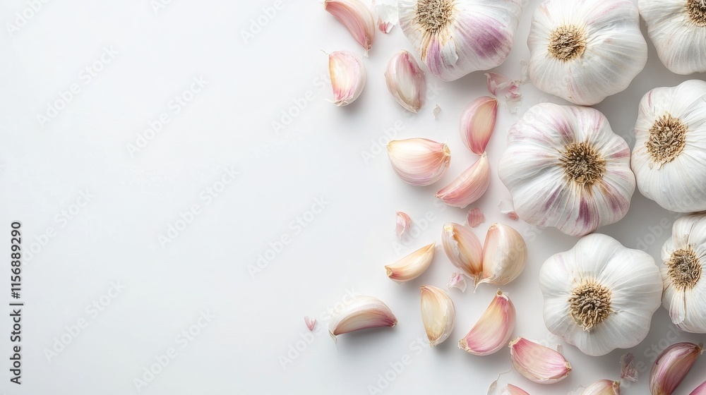 An artistic arrangement of whole garlic bulbs and scattered cloves on a smooth, white background, presenting a minimalist and organic composition for culinary art. An artistic arrangement of whole garlic bulbs and scattered cloves on a smooth, white background, presenting a minimalist and organic composition for culinary art.