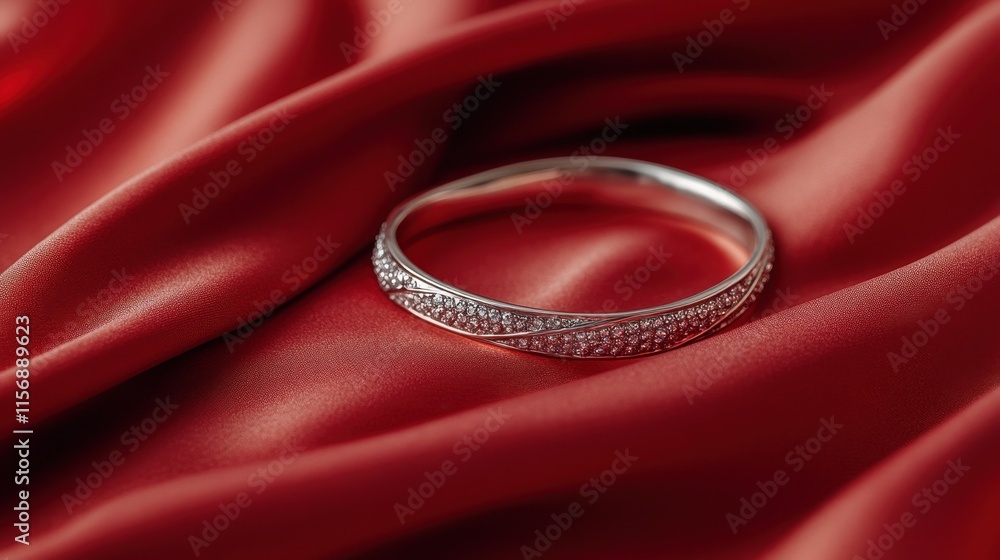 Elegant Silver Ring with Glittering Diamonds on Luxurious Red Fabric Elegant Silver Ring with Glittering Diamonds on Luxurious Red Fabric