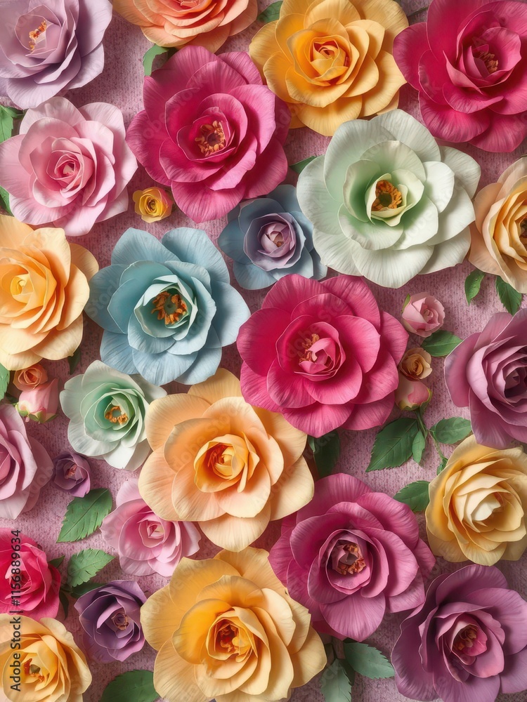 Vibrant paper roses in diverse hues form a textured backdrop, celebration, bright, happy Vibrant paper roses in diverse hues form a textured backdrop, celebration, bright, happy