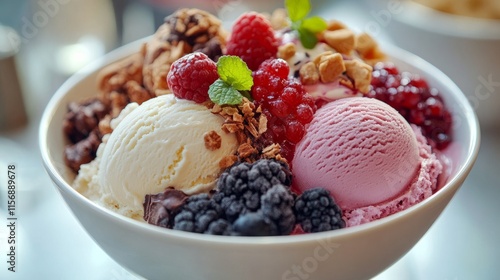 Scoops of vanilla and berry-flavored ice cream are adorned with fresh berries and nuts, embodying a perfect indulgence for cooling down and savoring sweet treats. photo