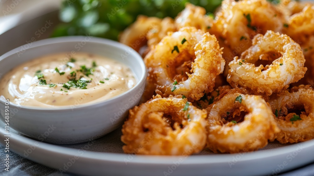 A serving of crispy, golden calamari rings presented on a plate, accompanied by a creamy dipping sauce, garnished lightly with herbs, offering a savory snack. A serving of crispy, golden calamari rings presented on a plate, accompanied by a creamy dipping sauce, garnished lightly with herbs, offering a savory snack.