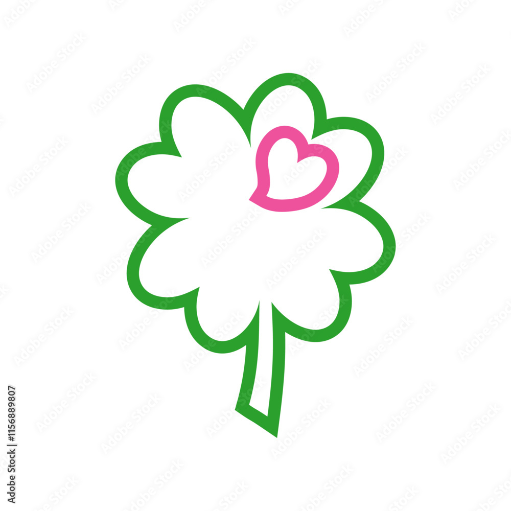Día de San Patricio. Logo con silueta de trébol de cuatro hojas con un corazón rosa con linea exterior Día de San Patricio. Logo con silueta de trébol de cuatro hojas con un corazón rosa con linea exterior