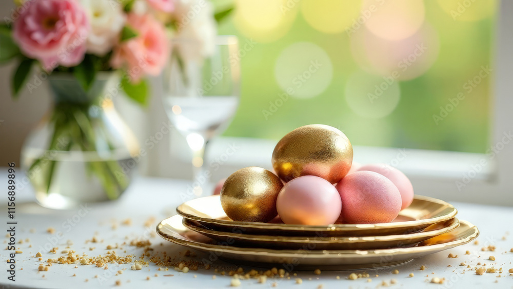 Easter table setting with painted golden eggs. Easter table setting with painted golden eggs.