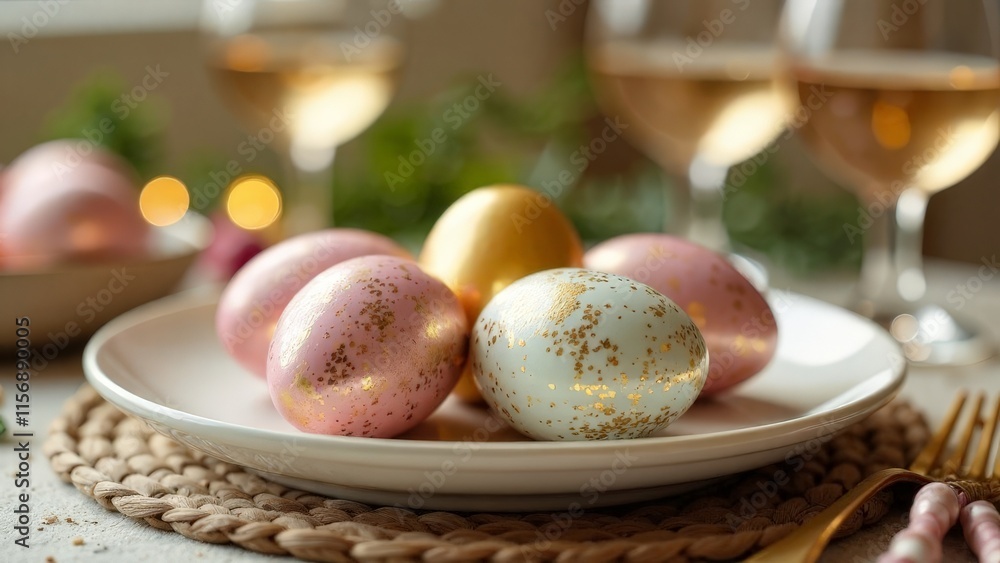 Easter table setting with painted golden eggs. Easter table setting with painted golden eggs.