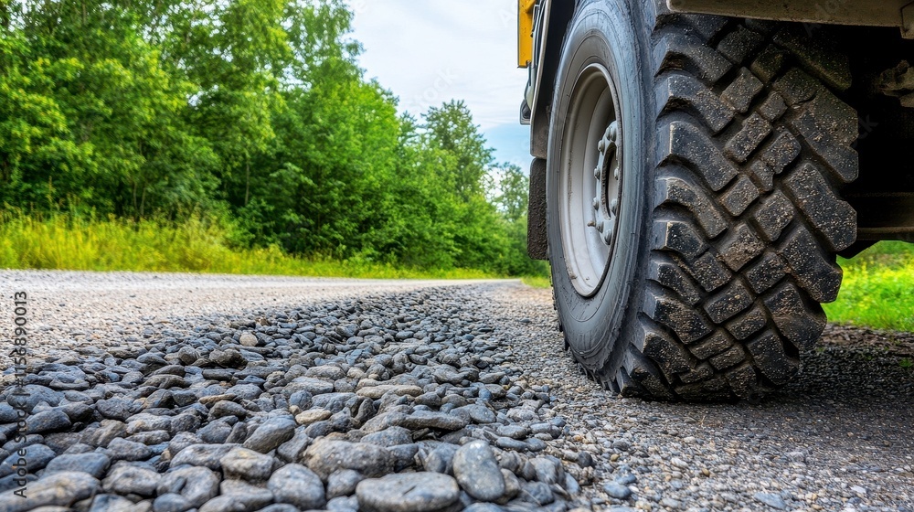 Close-Up View of Rugged Tire on Gravel Road Surrounded by Lush Green Trees in a Scenic Outdoor Environment Close-Up View of Rugged Tire on Gravel Road Surrounded by Lush Green Trees in a Scenic Outdoor Environment