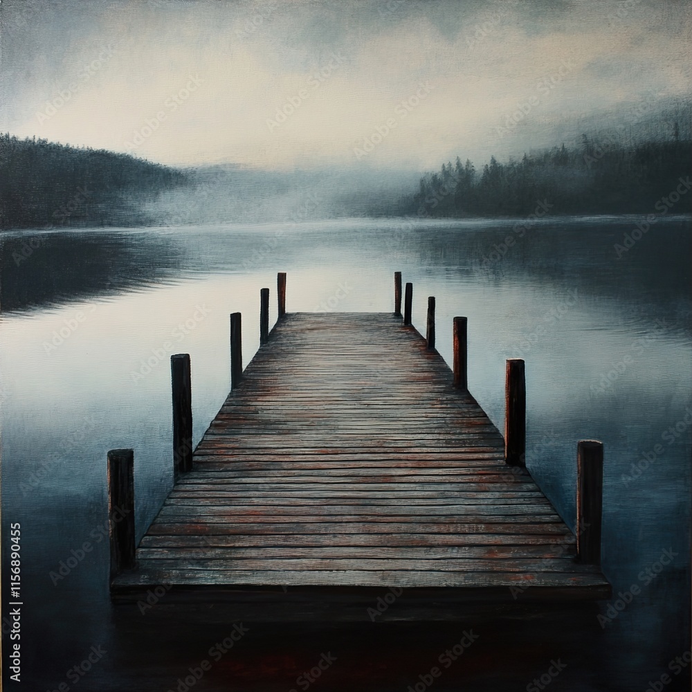 Obraz premium Misty Lake and Wooden Dock: A Serene Landscape