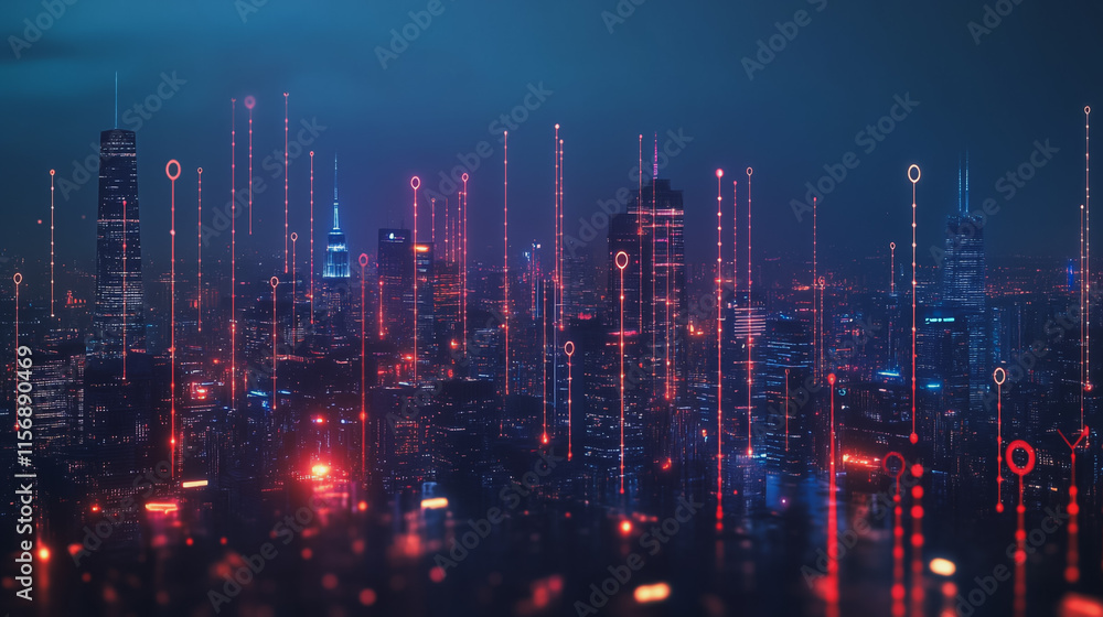 Fototapeta premium smart, digital, city, connection, network, innovation, Smart digital Innovation city with connection network reciprocity over the cityscape. of future smart wireless digital city and social media netw
