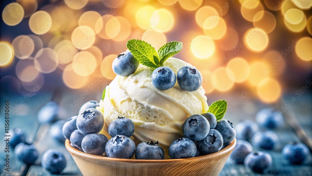 Delicious Blueberry Ice Cream with Creamy Texture and Bokeh Background Delicious Blueberry Ice Cream with Creamy Texture and Bokeh Background