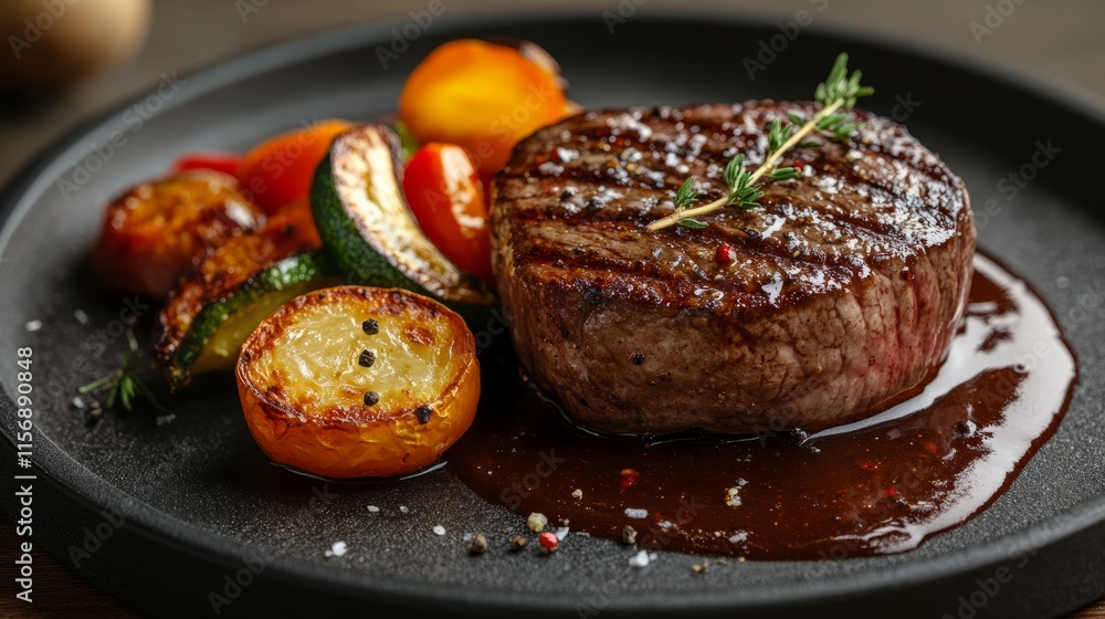 A juicy filet mignon cooked to perfection, complemented by grilled zucchini and glazed cherry tomatoes, elegantly presented with a tantalizing sauce. A juicy filet mignon cooked to perfection, complemented by grilled zucchini and glazed cherry tomatoes, elegantly presented with a tantalizing sauce.