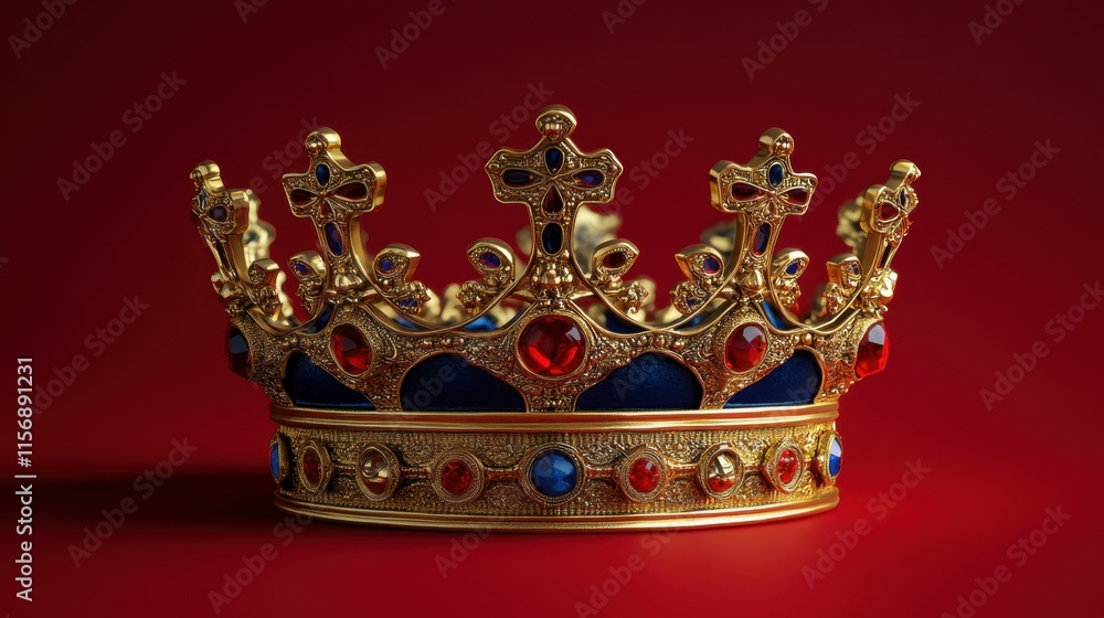Fototapeta premium Ornate Gold Crown with Red and Blue Jewels on Red Background