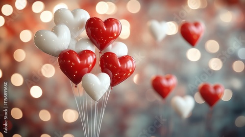 A bunch of heart-shaped balloons in red and white hues float amidst a dreamy background, creating a romantic and celebratory atmosphere, symbolizing love. photo