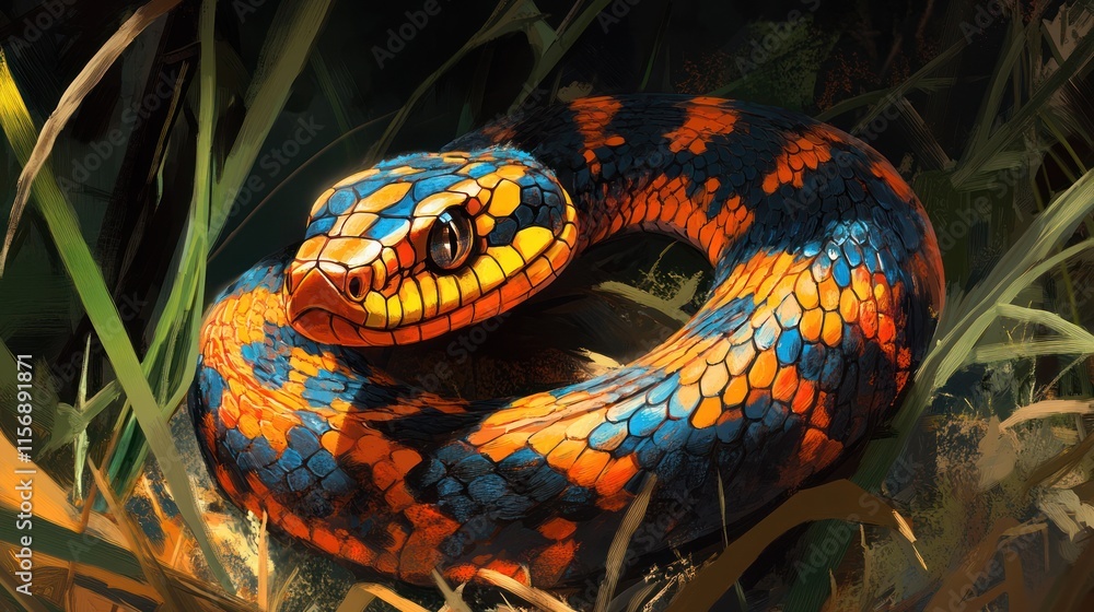 Obraz premium Vibrant orange, blue, and black snake coiled in green grass.