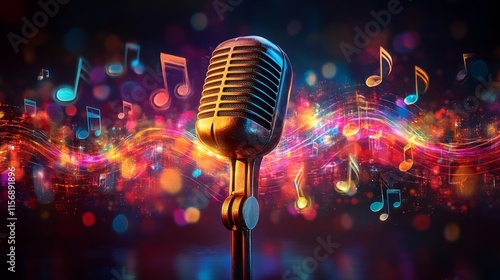 A microphone placed prominently in the foreground, surrounded by colorful musical notes on a vibrant background, embodies the essence of music and creativity.