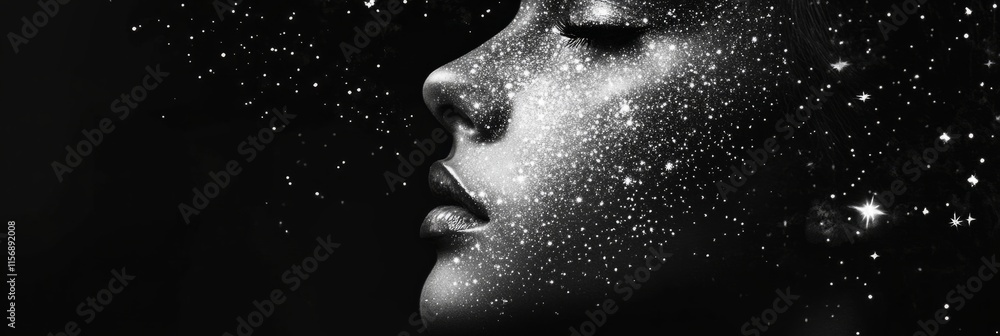 A delicate silhouette of a human face emerges from a galaxy of glittering stars, conveying a sense of connection to the universe and artistic exploration of identity. A delicate silhouette of a human face emerges from a galaxy of glittering stars, conveying a sense of connection to the universe and artistic exploration of identity.