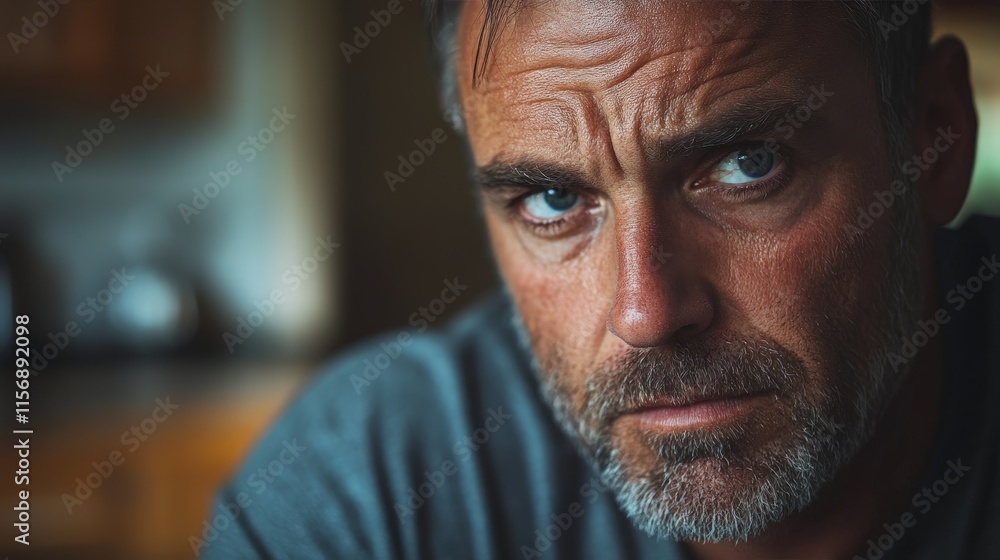 Close-Up of a Sad Man Sitting Alone at Home Close-Up of a Sad Man Sitting Alone at Home