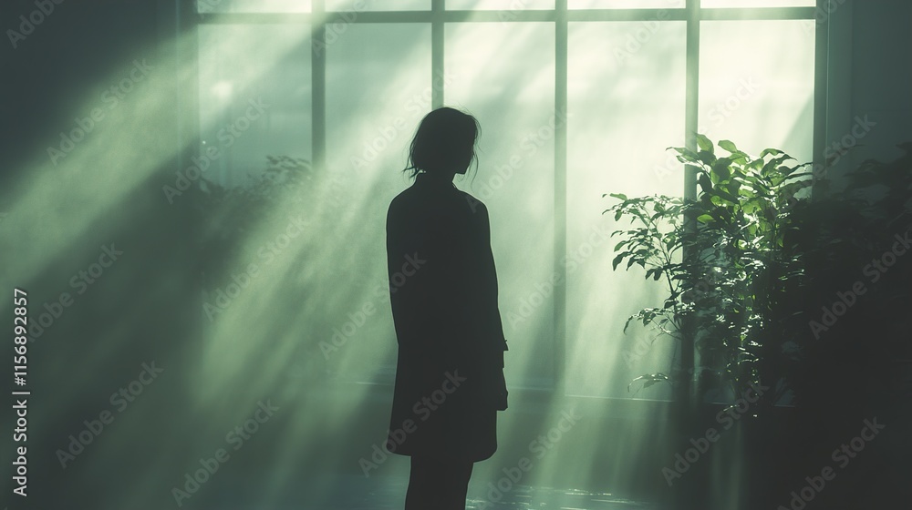 Solitude and Light: A Contemplative Woman's Silhouette Solitude and Light: A Contemplative Woman's Silhouette